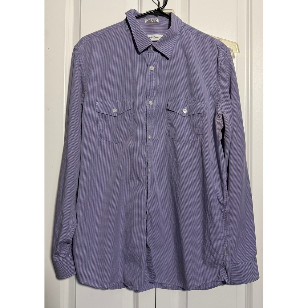 Calvin Klein Button Down Mens Medium Purple Excellent Roll Tab Micro Check Shirt